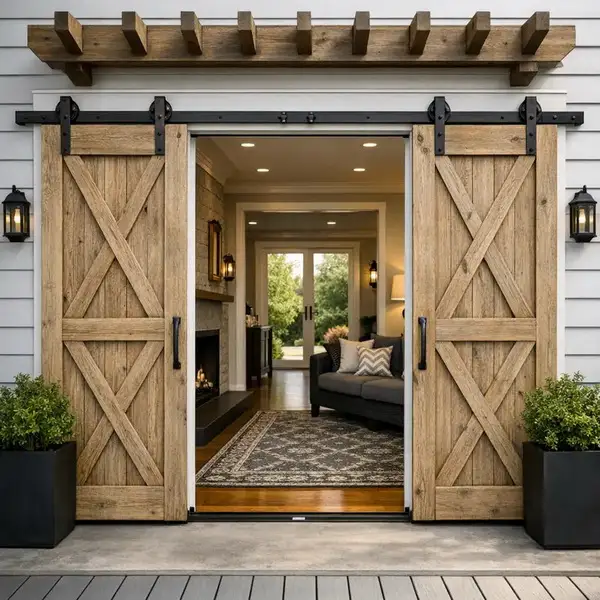 Custom made barn door in the style of an interior farmhouse