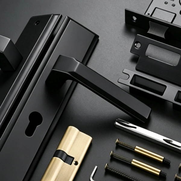 Modern matte black door lever lock set with long face plate, brass lock cylinder and mounting accessories.