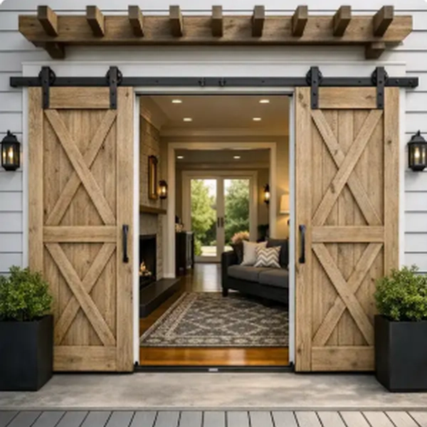 Custom made melamine wooden barn door in the style of an interior farmhouse