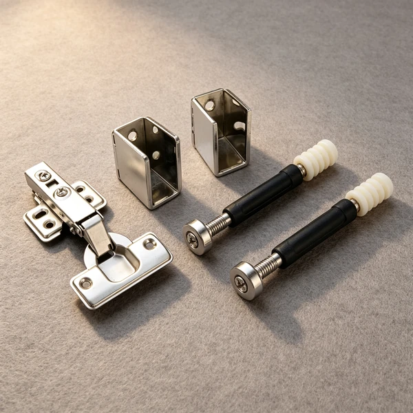 Wooden cabinet hardware: hydraulic hinge, U-shaped metal connectors and cam lock fittings on a wool-grey background.