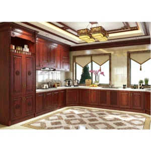 Custom Chinese-style solid wooden L-shaped cupboard with wall cabinets and carved wood details.