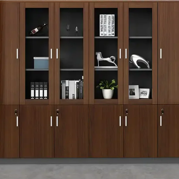 Dark walnut office storage filing cabinet with glass display doors and lower locked cabinets.