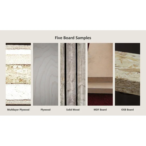Five wood board samples: multilayer plywood, plywood, solid wood, MDF, and OSB.