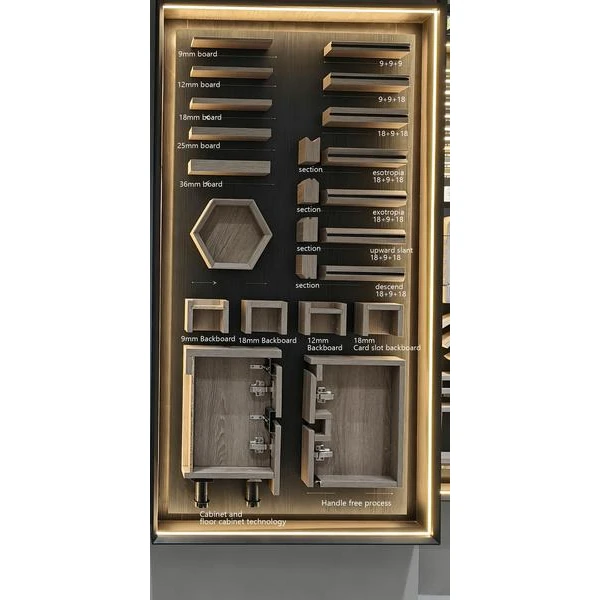 Wooden cabinet panel craft display: samples of 9–36mm panels, joinery structures, backboard specs, and handle-free cabinet craftsmanship.